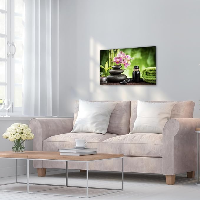 GUTTATY Zen Wall Art Decor, Modern Bathroom Zen Decor Wall Art, Canvas Wall Art for SPA Zen Room Decor, Green Bamboo and Pebble Relaxing Art Prints for Office & SPA Wall Decor 12x18 Inches