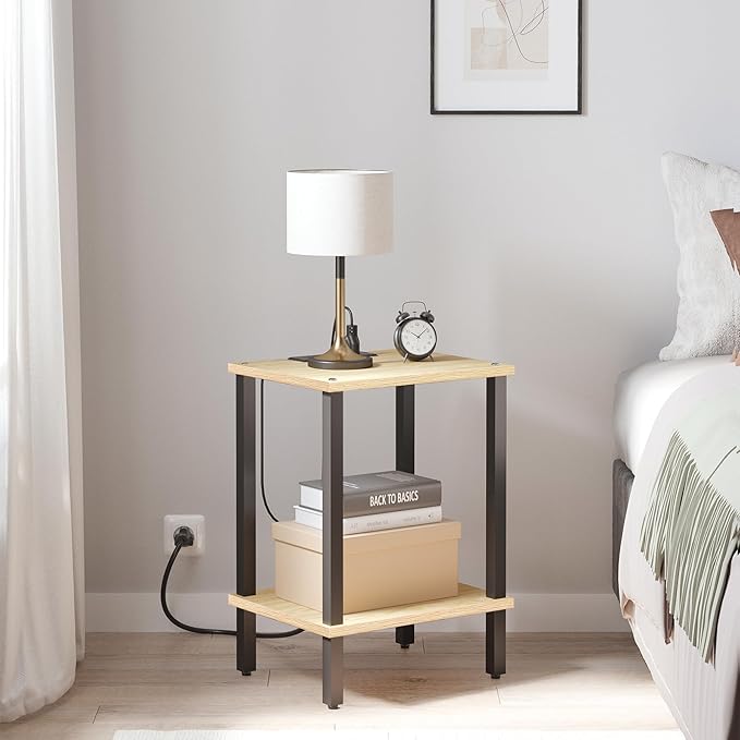TUTOTAK End Table with Charging Station, Set of 2, Small Side Table with Outlets, Nightstand Bedside Table, 2-Tier Storage Shelf for Small Space, Living Room, Bedroom Oak TB01BO041