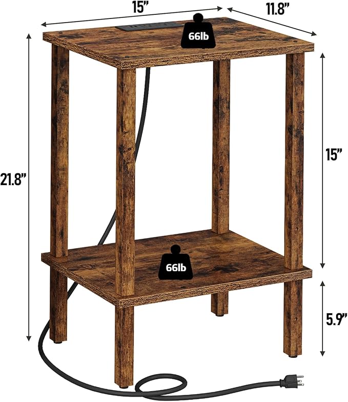 TUTOTAK End Table with Charging Station, Small Side Table with Outlets, Nightstand Bedside Table, 2-Tier Storage Shelf for Small Space, Living Room, Bedroom, Brown TB01BB040C