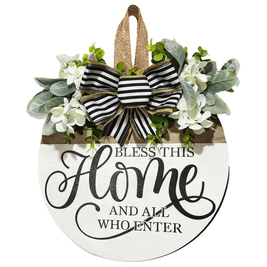 Ksdkrme Welcome Wreaths Sign for Front Door, Rustic Wood Wreath with Bow, Bless This Home Porch Hanging Sign Gift, for All Seasons Holiday Farmhouse Outdoor & Indoor Decorations