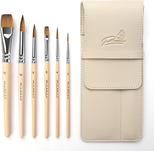 Sable Travel Watercolor Brushes, Fuumuui 6pcs Kolinsky Sable Watercolor Travel Brushes with Short Handles - Detail Liner Pointed Round Flat Wash Mop for Watercolor Gouache Ink Painting