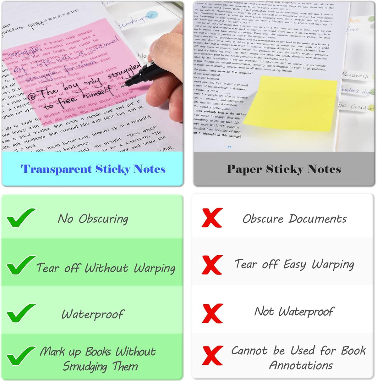 BAYTORY 700 Sheets Transparent Sticky Notes, Clear Bright Waterproof 3 x 3 inch See Through Memo Pad, Self-Adhesive Translucent Writable Index Tabs for Annotating Book, Office & School Study Supplies
