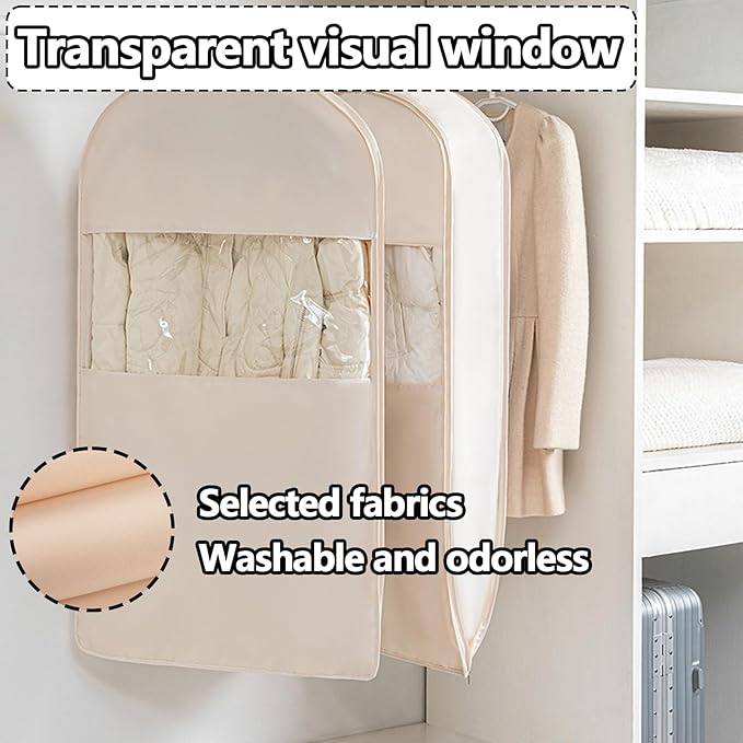 Space Saving Hanging Garment Bag with Self Compression Zipper，Dust Cover Clothes Bags for Down Coat,Dress,Suit，Closet Storage Organizer for Home Travel Use(Pink, L)