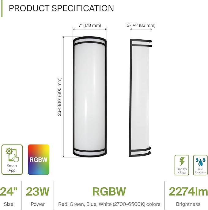 ASD 24 Inch Smart RGBW LED Outdoor Sconce Lights - 23W 120-277V 2700-6500K Black Exterior Lighting Fixtures, Remote Control Alexa Exterior Lights for House, Patio Wall Light Fixture ETL 2 Pack