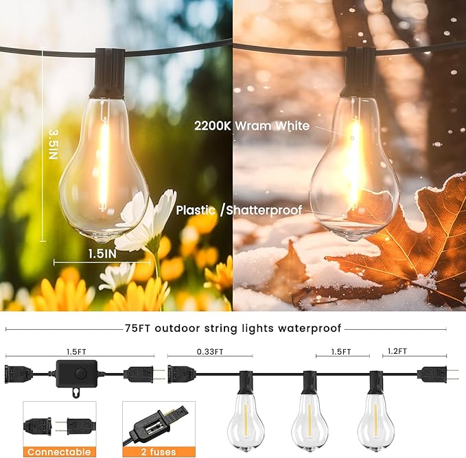 Patio Lights, 100FT Patio Lights with 64+5 Bulbs(1.5FT Bulbs Spacing), Outdoor String Lights, Remote & Dimmer, 3 Mode Light & Timing, 65PC Mounting Ties for Outside, 2200K (Black)