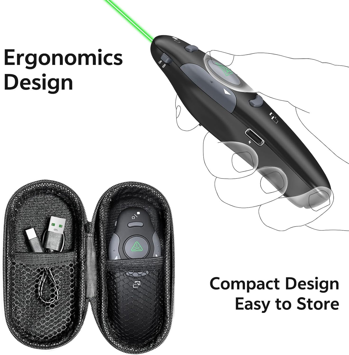 Presentation Clicker with Case Storage Wireless Presenter Remote USB Type C Rechargeable Green Laser Pointer PowerPoint Clickers for Computer Mac Project PPT Slideshow Google Slide Advancer