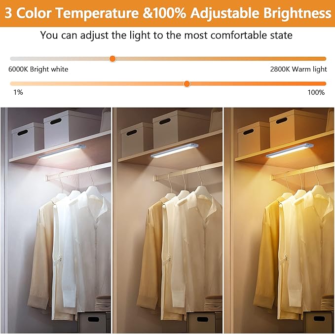 Under Cabinet Lights, Dimmable 60 LED Motion Sensor Light Indoor 2 Pack- Wireless USB Rechargeable, 3 Color Magnetic Closet Light for Kitchen, Wardrobe Storage