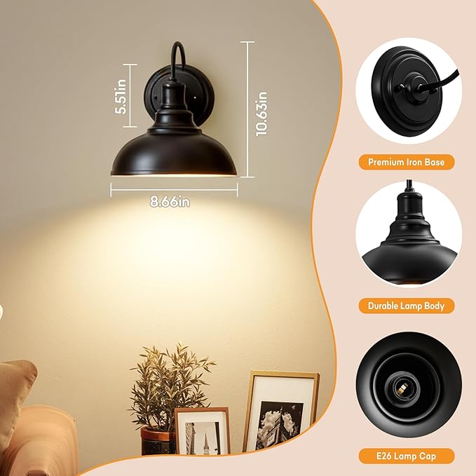 Lightess Black Battery Operated Wall Sconces Set of Two, Vintage Wireless Wall Lights with Rechargeable 12 Colors Bulbs, Dimmable Cordless Gooseneck Wall Decor Lamps with Remote Control