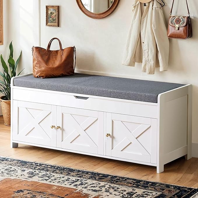 Amada Shoe Storage Bench, Entryway Bench with Cushioned Seat & Lift Top Storage, 3 Doors, Adjustable Shelf, 300 lbs Capacity, Bench with Shoe Rack for Entryway, Bedroom, Living Room, White