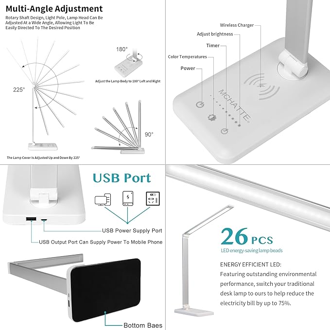 LED Desk Lamp with Wireless Charger & USB Charging Port，Dimmable Table Lamp Reading Lamp for Home Office，5 Color Modes,5 Brightness,Touch Lamp for Study、Office、Bedroom，30/60 Minutes Timer