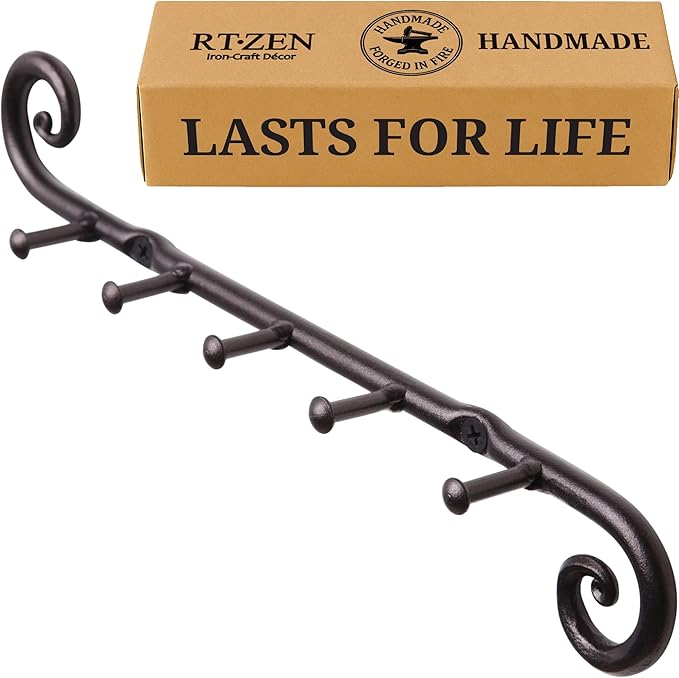 RTZEN Farmhouse Small Key Holder for Wall - Handcrafted Swirl Decorative 5 Key Hooks for Home Entryway - Wrought Iron Wall Mount Rack Purse Coat and Leash Holder or Organizer (Classic Black)