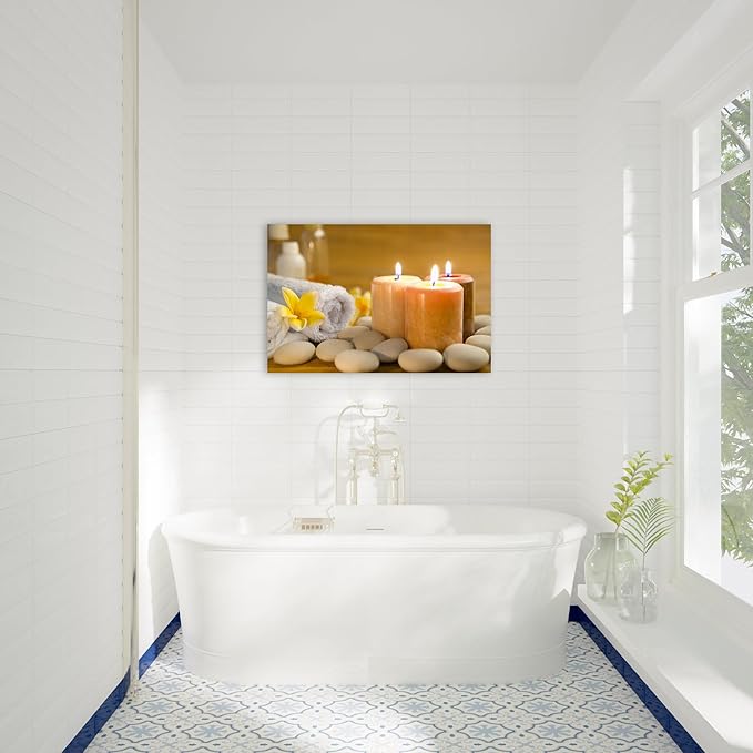 GUTTATY Zen Wall Art Decor, Modern Bathroom Zen Decor Wall Art, Zen Relaxing Canvas Wall Art for Spa Room Decor, Pebble and Lighted Candles Zen Canvas Prints for Office & Spa Wall Decor 12x18 Inches