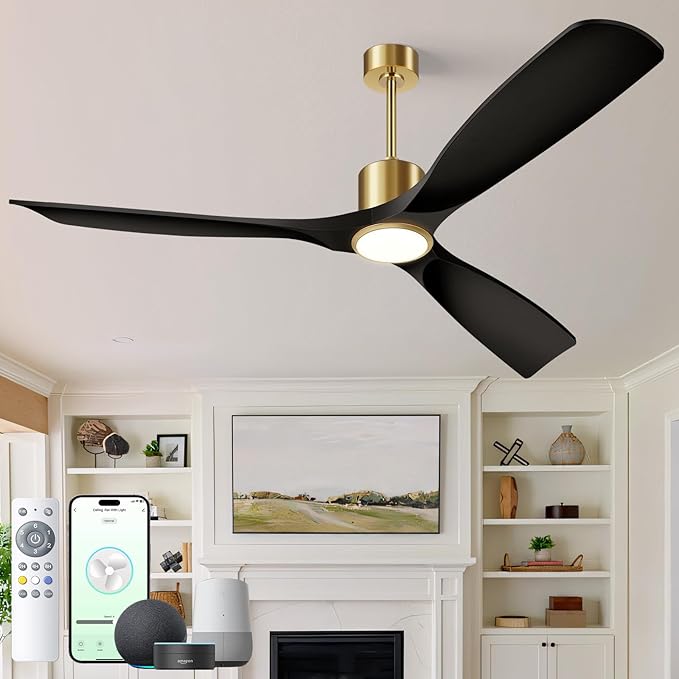 60" Smart Ceiling Fan with Lights,Black & Gold Ceiling Fan 3 Blade,Compatible with Alexa/Gg/App/Remote,6 Speed Quiet Reversible DC Motor for Patio Porch