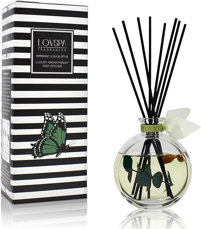 LOVSPA Reed Diffuser Set, Unwind Eucalyptus & Mint Scented Oil Diffuser with Sticks, Home Fragrance Accessories for Bathroom Shelf Decor, Aroma Diffusers for Home or Office Desk, USA Made