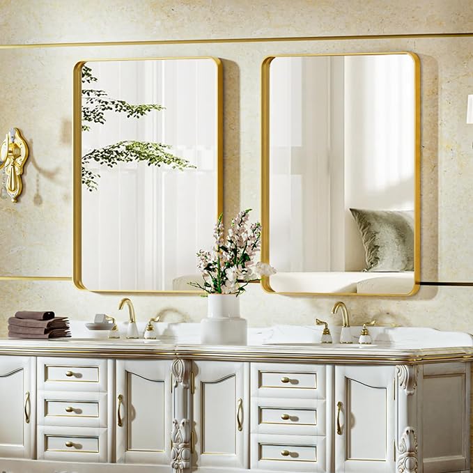VooBang Bathroom Mirror 20x30 inch, Gold Gorgeous Deep Frame Wall Mirror, Modern Round Corner Bathroom Vanity Mirror for Bedroom, Living Room, Hanging or Leaning Horizontal or Vertical, Gold