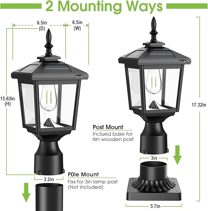 Greluna Solar Post Light with Pier Mount Base, 3000K Dusk to Dawn Lamp, Waterproof Outdoor Garden Yard Landscape Lighting, Decorative Pillar Light