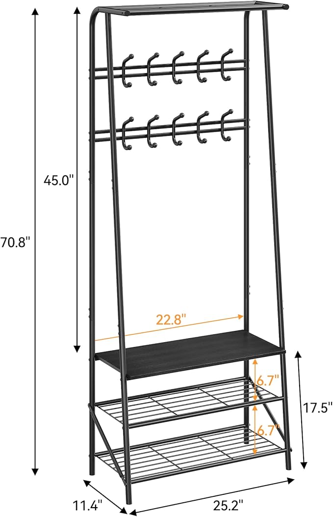 OUTLANE Entryway Hall Tree with 10 Hooks, Shoe Bench & Storage Shelf, Coat Rack Organizer with Wood Accents and Metal Frame for Entryway, Living Room, Bedroom, Black -Double row