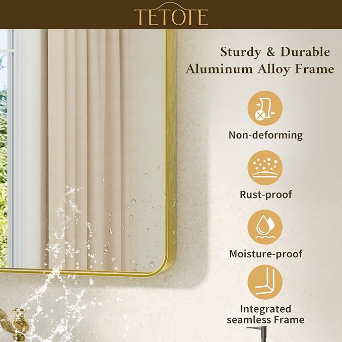TETOTE Gold Mirrors for Wall 30 x 36 Inch Brushed Gold Bathroom Mirrors, Tempered Glass, Modern Farmhouse Wall Mounted Mirror for Decorative(Horizontal/Vertical)