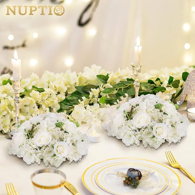 NUPTIO Flower Balls for Wedding Centerpieces - 2 Pcs 14.2 inch Diameter Fake Flower Ball Arrangement Bouquet Party Centerpieces for Tables - White Rose Bouquet Centerpiece Flowers for Wedding Table