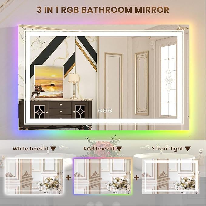 WTTY LED Bathroom Mirror 40"x32" with RGB Backlit and Front Light,Stepless Dimmable LED Mirror for Bathroom,Lighted Bathroom Vanity Mirror,Anti-Fog,Memory Function,Shatter-Proof,Wall Mounted