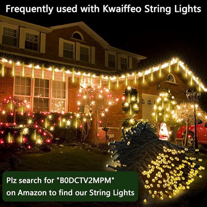 Kwaiffeo Warm White Icicle Lights Outdoor, 16-Tube Meteor Shower Lights for Christmas Thanksgiving New Year Party Yard Wedding Decor, Equivalent to 2 Sets of 8-Tubes