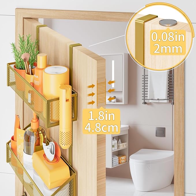 Over The Door Hooks Organizer, Coat Rack Over The Door Storage Hanger Towel Rack, Back of Door Storage Organizer for Bathroom,Bedroom,Kitchen,Office (Gold, 3-Tier)