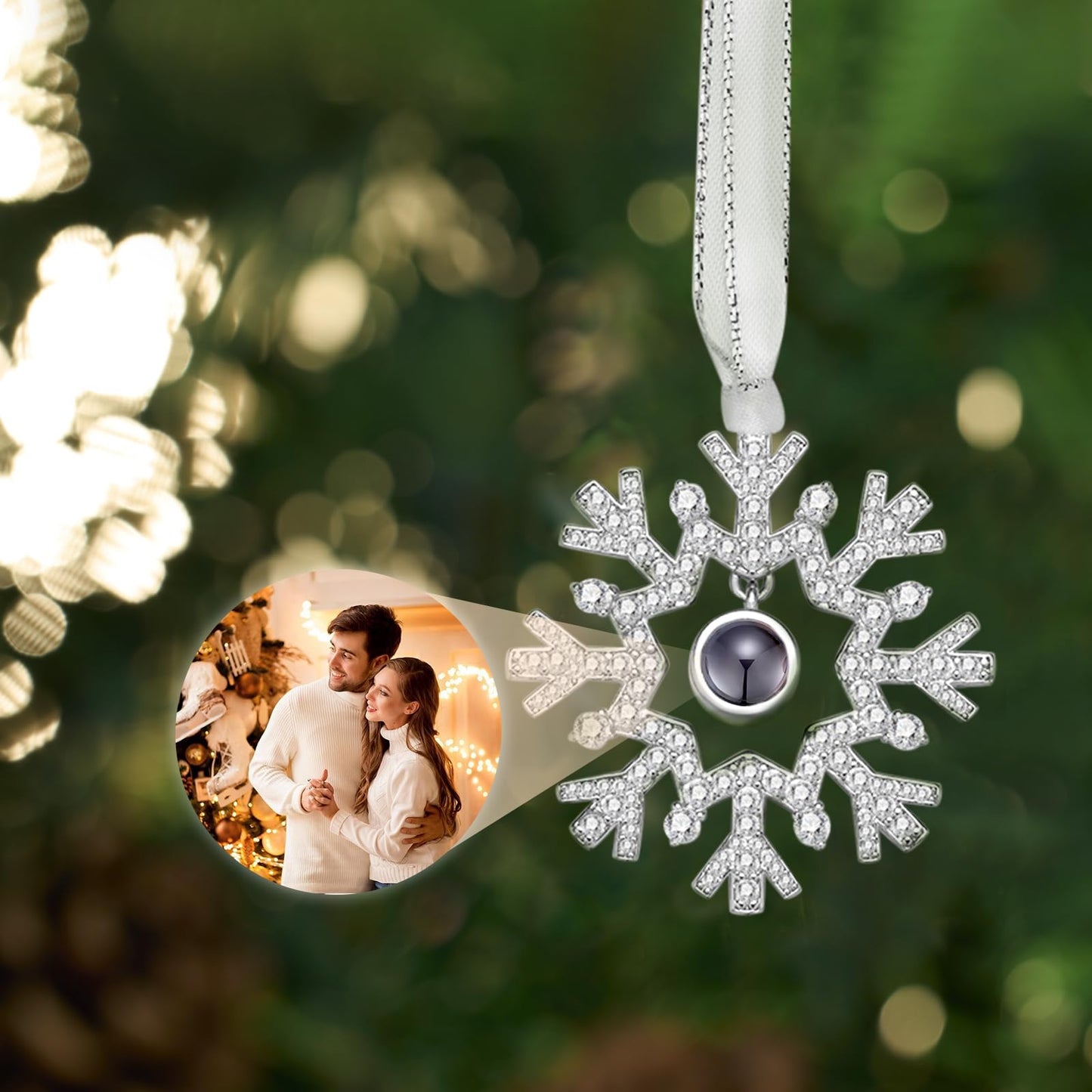 BELELA Silver Custom Snowflake Ornament with Picture Inside Memorial Christmas Tree Ornament Hanging Snowflake Decor DIY Personalized Xmas Gifts