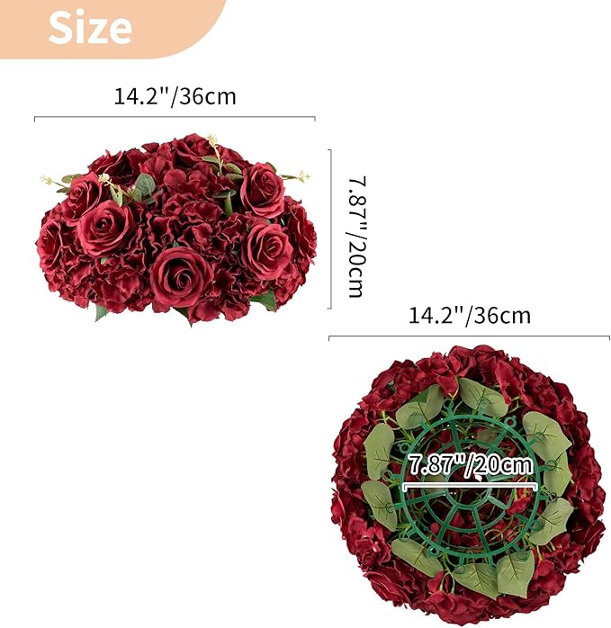 NUPTIO Flower Wedding Centrepieces for Tables: 10 Pcs Burgundy Artificial Flowers Roses Balls 14.2 inch Diam for Centerpiece Fake Silk Rose Arrangements Weddings Reception Birthday Party Decoration