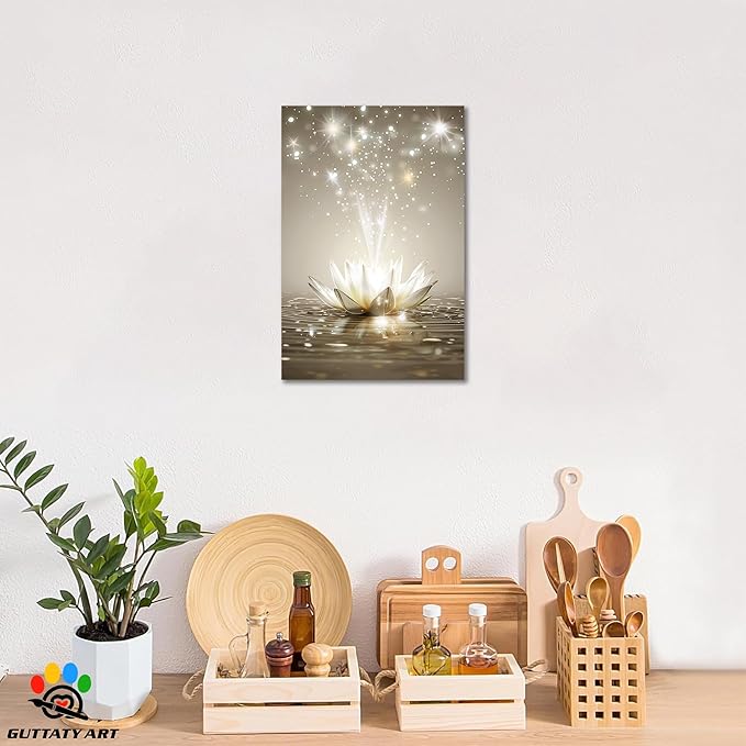 Zen Canvas Wall Art, White Lotus Flower Bloom in Water Picture, Zen Blue Flower Painting, Modern Framed Spiritual Home Artwork for Yoga Spa Meditation Spiritual Room Living Room Office 32x48 inch