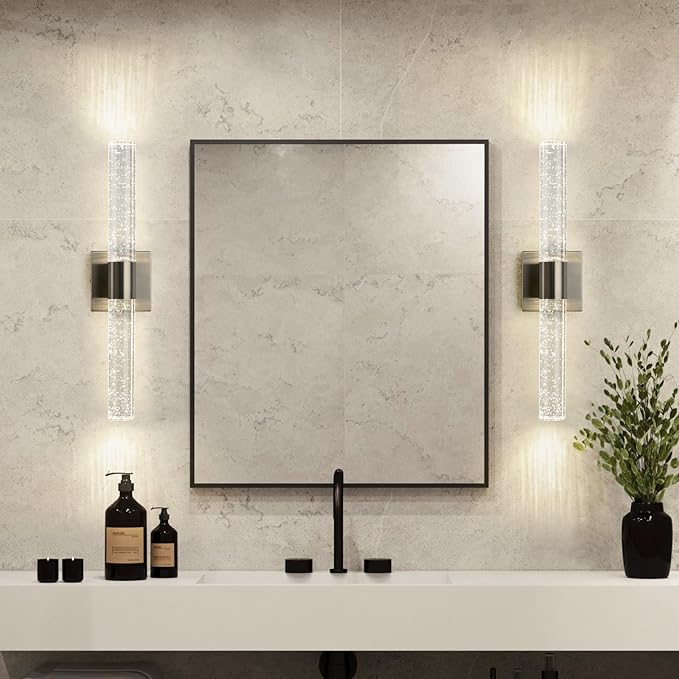 Modern LED Wall Sconces Set of Two - 4000K Dimmable Crystal Bathroom Sconces Wall Lighting Indoor Brushed Nickel Vanity Light Fixture Wall Mount Wall Lights for Bedroom Living Room,18 Inch
