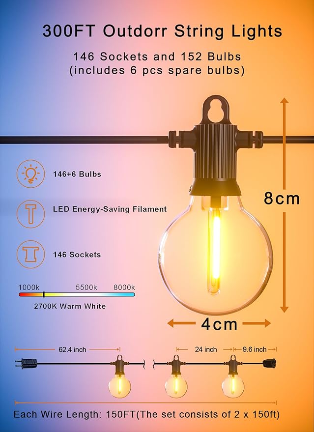 Outdoor String Lights Waterproof, 300FT Patio Lights with 146 Shatterproof G40 Globe Bulbs(6 Spare), Connectable Dimmable LED Hanging String Lights for Outside Backyard Porch Balcony (150FT x 2)
