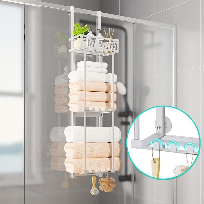 HapiRm Towel Rack Bathroom Storage - 3 Tier Over The Door & Wall Mounted Rolled Towel Racks Holder Organizer with Metal Shelf and 6 Hooks for Small Bathroom, Camper, Rv - Sliver