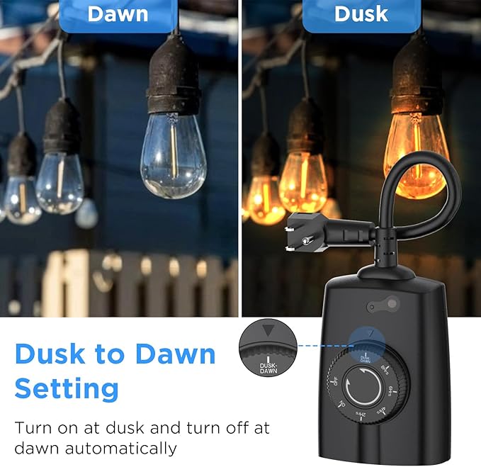 G-ELEK Outdoor Timer Outlet Waterproof, 24 Hour Outdoor Light Timer, Timers for Electrical Outlets, Ideal for Pool Pump, Christmas Lights, Heavy Duty, Grounded Outlets (Dusk to Dawn Sensor, 2 Pack)