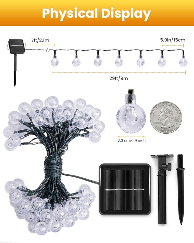 Solar String Lights Outdoor 60 LED 36FT with 8 Lighting Modes, Waterproof Solar Powered Crystal Globe Patio Lights for Garden Yard Porch Wedding Party Decor (Warm White)