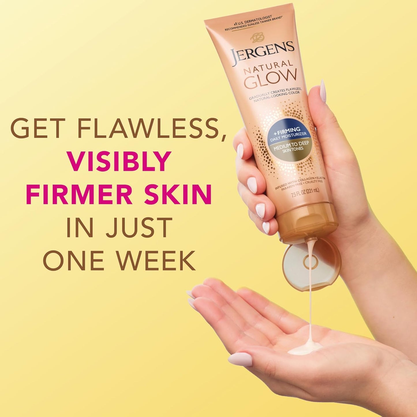 Jergens Natural Glow +Firming Self Tanner Body Lotion, Medium to Deep Skin Tone, Sunless Tanning Moisturizer with Collagen and Elastin, Helps to Visibly Reduce Cellulite, 7.5 Oz, Pack of 2