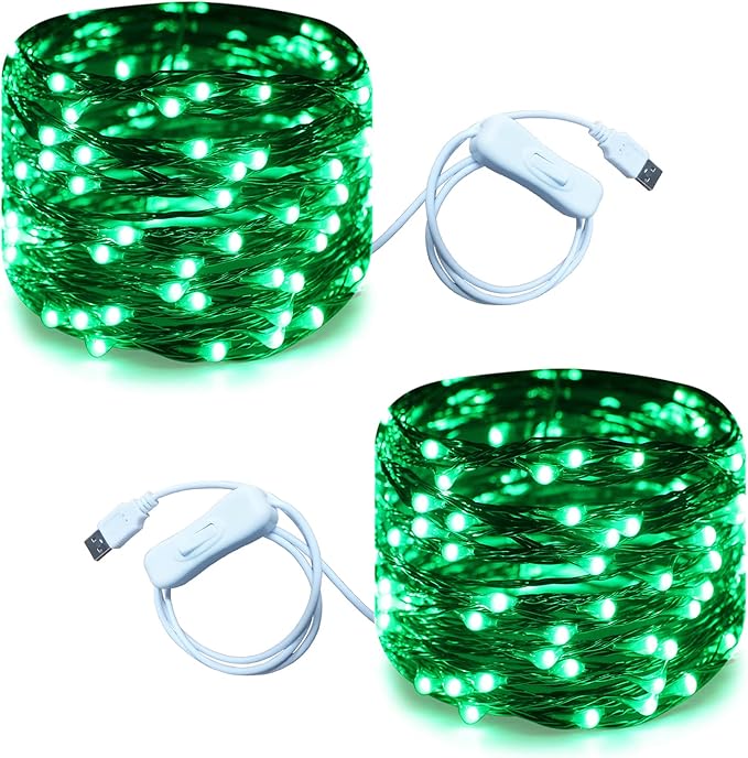 RUICHEN 20 Ft 120 LED USB Fairy String Lights with On/Off Switch, Waterproof Copper Wire Lights for Bedroom Wall Ceiling Wreath Christmas Halloween St. Patrick's Day, Green, 2 Pack