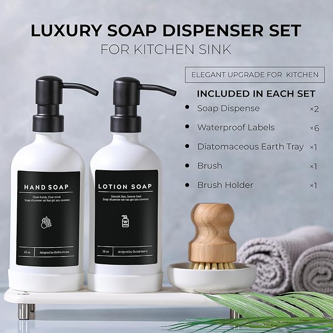 [Luxury] Kitchen Soap Dispenser Set - 16OZ White Glass Bottle, Stainless Steel Pump, Instant Dry Tray, Waterproof Labels, Non-Slip Silicone Pad, and Dish Brush | Upgrade for Your Kitchen and Bathroom
