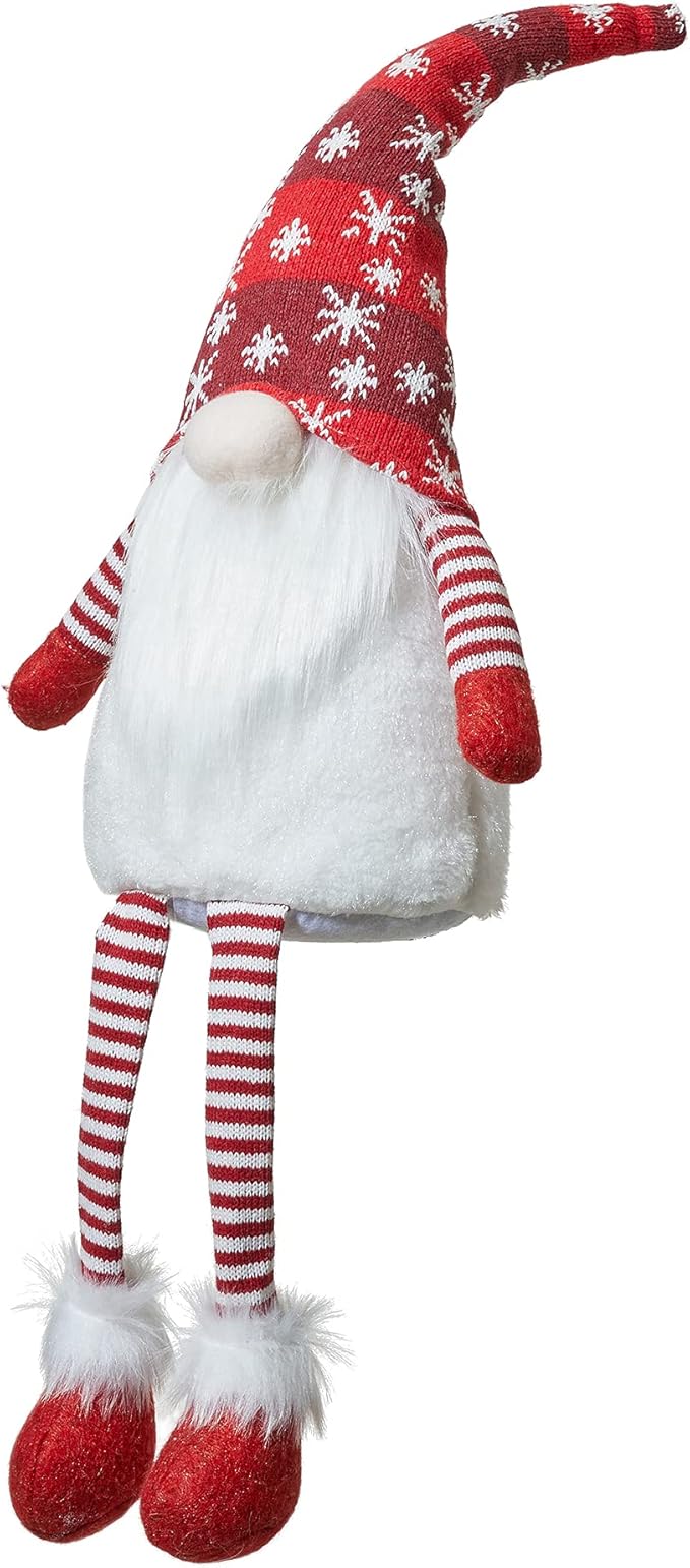 Glitzhome 28" H Fabric Gnome Christmas Decorations with Dangling Legs & Knitted Hat, Plush Gnome Elf Ornaments for Tabletop Party Holiday Decor