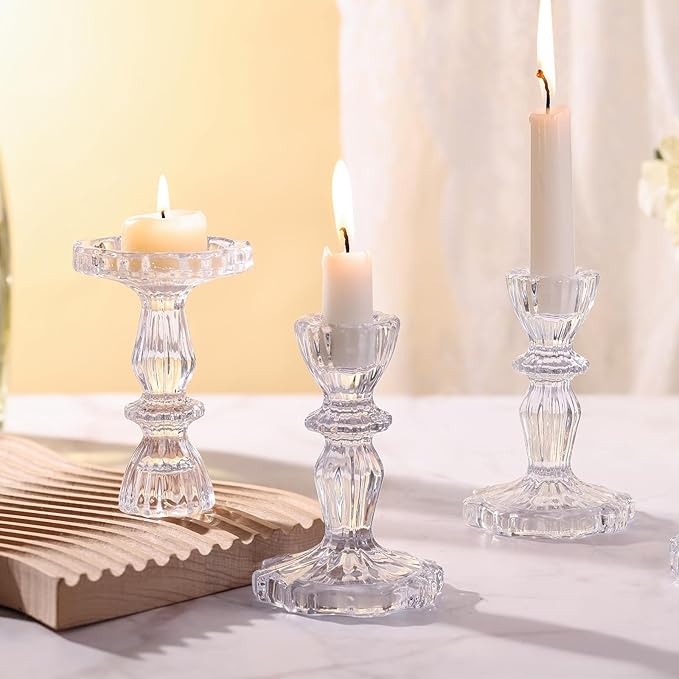 Glass Candlestick Holders Set 6PCS, Clear Taper Candle Holders Bulk, Crystal Tall Candle Holder for Table Centerpieces, Fall, Christmas, Autumn, Thanksgiving Decor