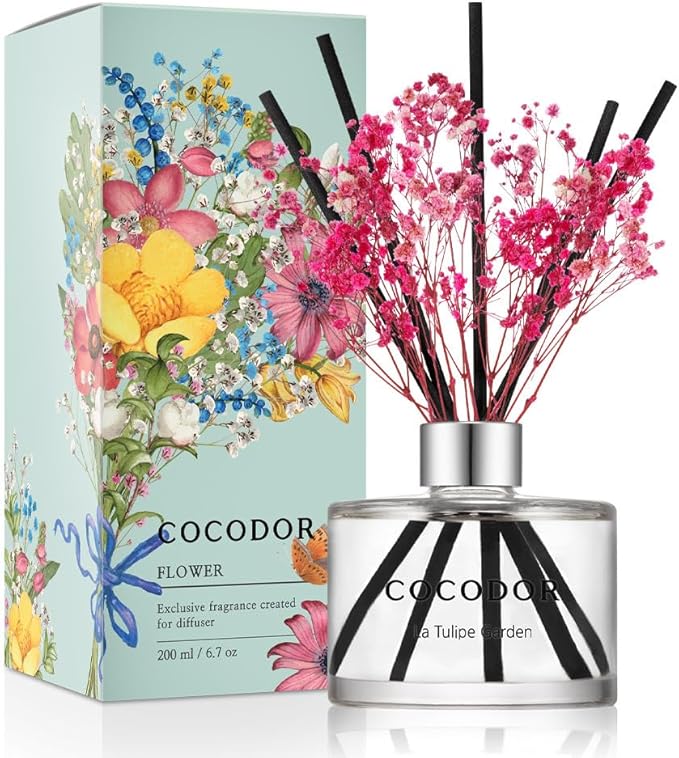 COCODOR Flower Reed Diffuser Set / 6.7oz / La Tulip Garden/Scent Diffuser with Sticks Home Fragrance Reed Diffuser for Bathroom Shelf Decor for Women