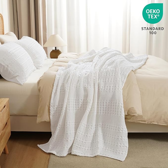 PHF 100% Cotton Waffle Weave Throw Blanket, Soft Lightweight Breathable Cozy Throws for Couch Bed Sofa, Luxury Aesthetic Woven Blanket for Home Decor & Office, 50"x60", White