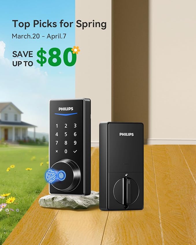 Philips Smart Door Lock with Apple Home, Matter Over Thread, Keyless Entry Door Lock with App Remote Control, Touchscreen Fingerprint Front Door Lock Set, Deadbolt Lock with Apple Home, Alexa, Google