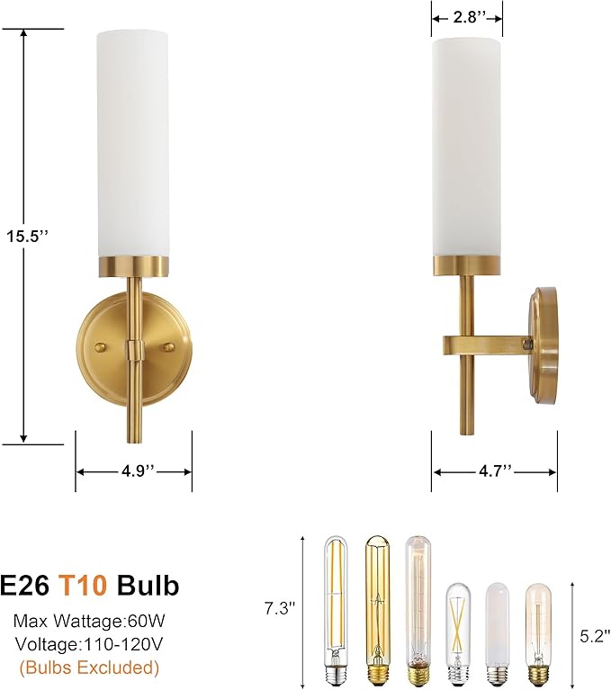 Wall Sconces Set of Two,Brass Gold Bathroom Sconces Wall Lighting with White Glass, Modern Sconces Wall Decor Set of 2 Wall Light fixtures for Bathroom Mirror Living Room Hallway Bedroom Wall Lamp