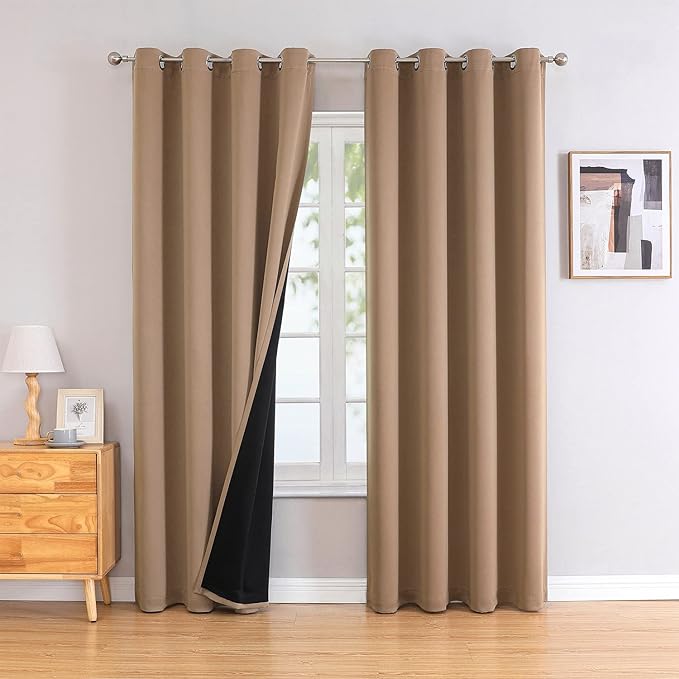ChrisDowa 100% Blackout Curtains 90 inch Long for Bedroom with Black Liner, 2 Thick Layers Total Blackout Thermal Insulated Grommet Long Window Curtains 2 Panels Set (Cappuccino, 52 x 90 Inch)