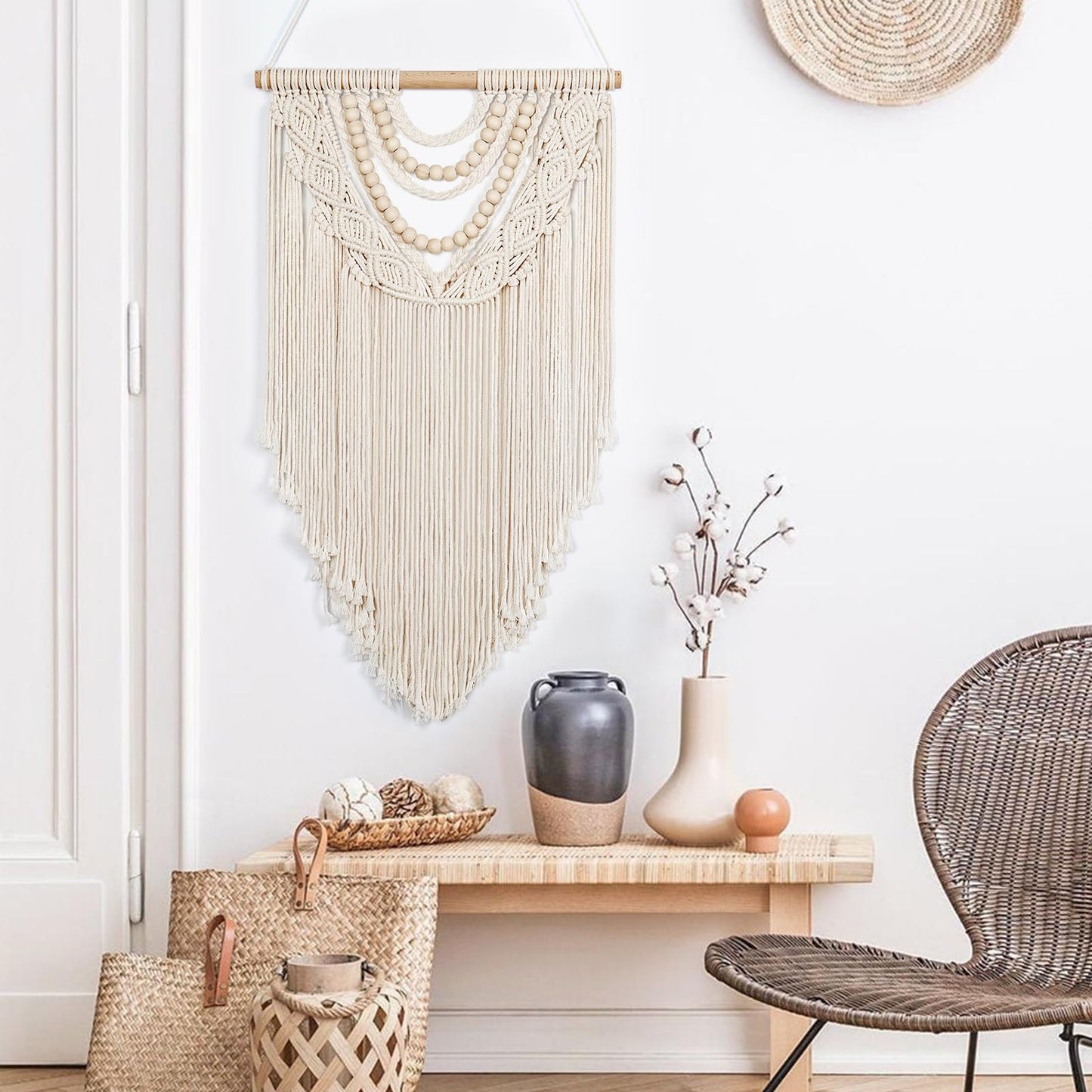 LOMOHOO Macrame Wall Hanging Boho Handmade Geometric Woven Tapestry Bohemian Wall Art Decor with Chic Wooden Beads Home Decor for Bedroom Living Room Apartment Dorm Gallery Wedding 16.5"x30"""