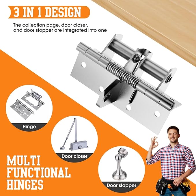 3in1-4 Inches Automatic Door Hinge, Heavy Duty Self-Closing Wooden Door Closer, Hardware Spring Hinge, Automatic Self Closing Door Hinges with Positioning 90 Degrees (Brushed Silver) (2, Silver)