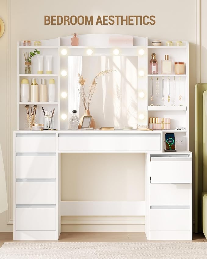 Vanity Desk with Mirror, Makeup Vanity with RGB Led Lights,Dressing Table with Power Strip,8 Drawers & 8 Storage Shelves, 47.2inch Desktop, Modern, White