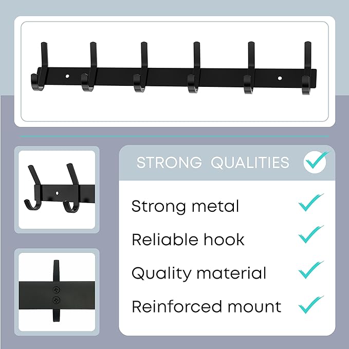 Matte Black Coat Rack Wall Mount – 17 Inch Stainless Steel Hook Rail with 6 Double Coat Hooks – Wall Mounted Entryway Organizer for Coats, Hats, Bags, Towels, Robes, Closet or Bathroom - 2 Pack