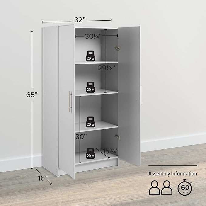 Prepac Elite Tall Garage Storage Cabinet & Pantry Storage Cupboard, 2-Door Freestanding Bathroom or Pantry Cabinet with Adjustable Shelves, 16" D x 32" W x 65" H, Light Gray