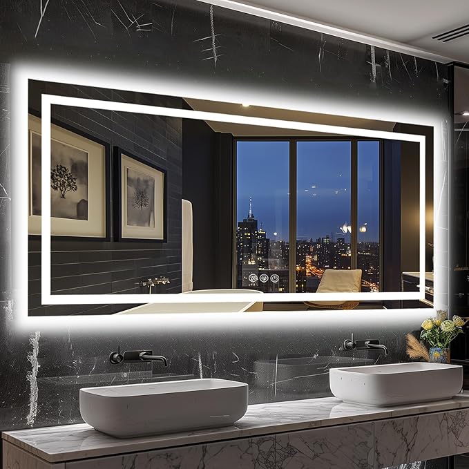 LED Bathroom Mirror, 60"x28" with Frontlit and Backlit Anti-Fog Mirror with Lights LED Vanity Mirror for Bathroom 3 Colors Temperature & Dimmable Bathroom Mirror with HD Tempered Glass